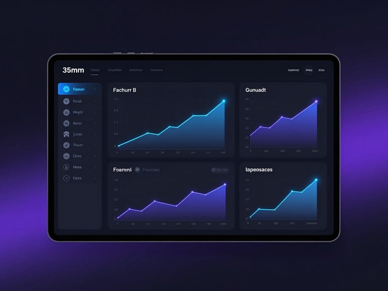 Sleek minimalist mockup of a custom web interface displaying analytics dashboards with upward trending graphs, subtle glowing elements, dark mode.