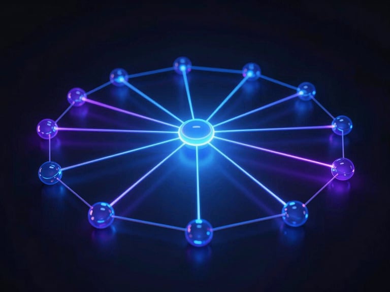 Abstract 3D visual of interconnected nodes and glowing lines, representing strategic planning and data flow, dark background, electric blue accents.