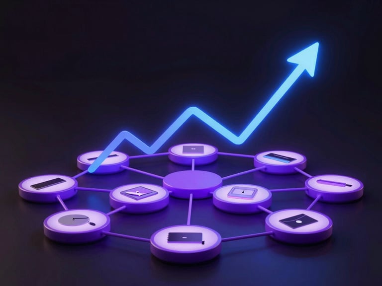 Abstract 3D growth visual representing e-commerce data flow, glowing violet-purple lines connecting product mockups, dark background, ultra-modern high-contrast aesthetic, 35mm
