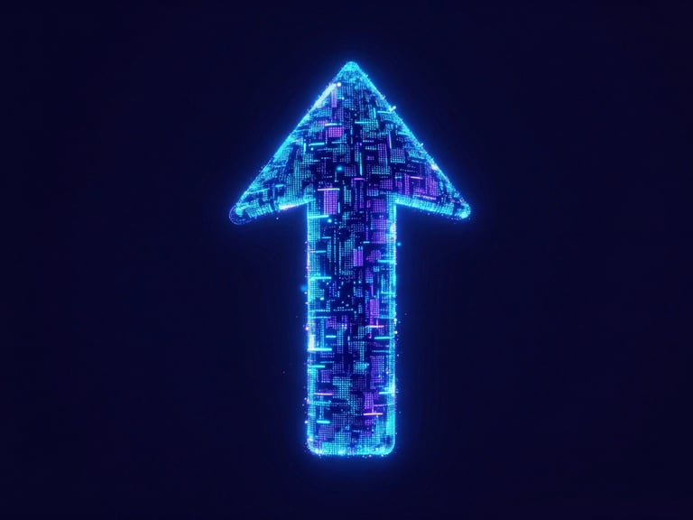 Abstract visual of a glowing upward arrow composed of digital particles, symbolizing scalable growth, deep midnight navy background.