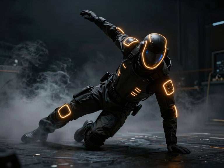 A developer in a dark studio wearing a motion-capture suit with glowing markers, performing an intense tactical roll, amber rim lighting, moody atmospheric fog