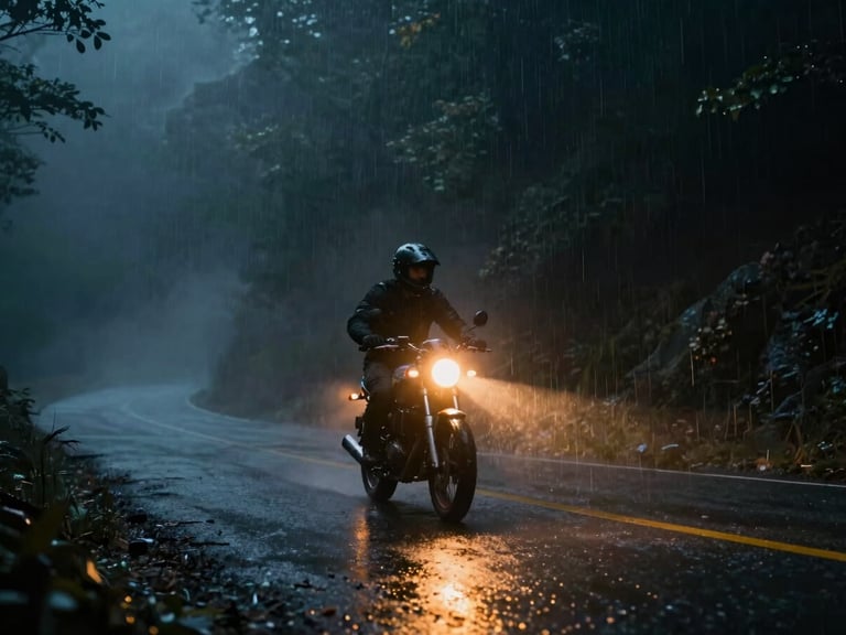 Cinematic screenshot of a lone biker on a rain-slicked mountain pass at night, dramatic amber headlights, heavy fog, 35mm