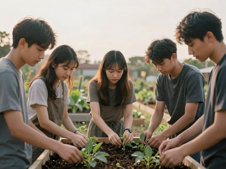A group of young leaders working together on a community garden project, soft golden-hour light, authentic and unposed