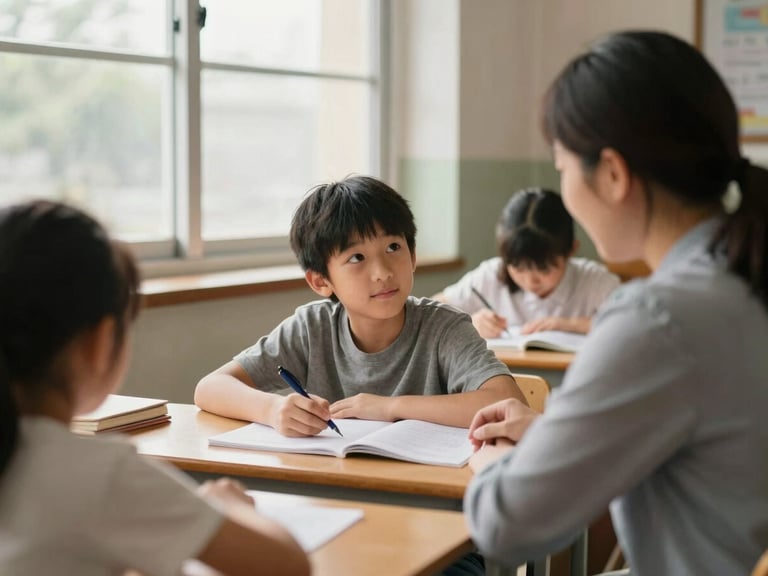 A teacher mentoring a student over a desk, warm natural window light, authentic classroom setting, shallow depth of field.
