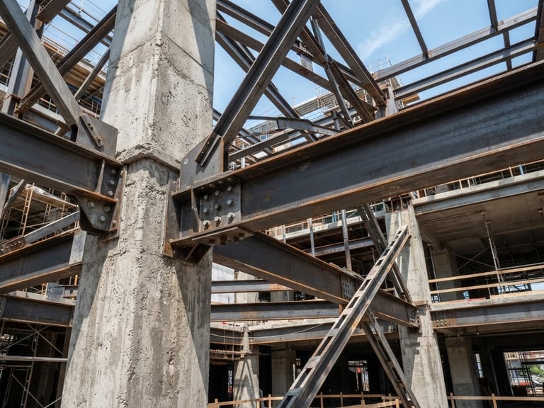 Close-up of structural steel beams and concrete columns under bright daylight, high contrast slate and steel tones, wide-angle architectural photography
