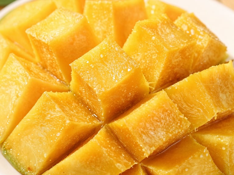Macro shot of perfectly cubed dehydrated mangoes in bright natural daylight, rich yellow-orange tones, sharp focus on texture, 50mm lens