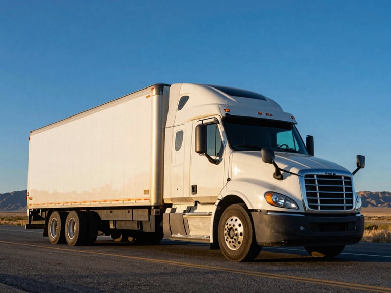 Low-angle heroic shot of a clean modern semi-truck with a refrigerated trailer on an open Utah highway, crisp morning golden hour lighting, sharp focus, 35mm