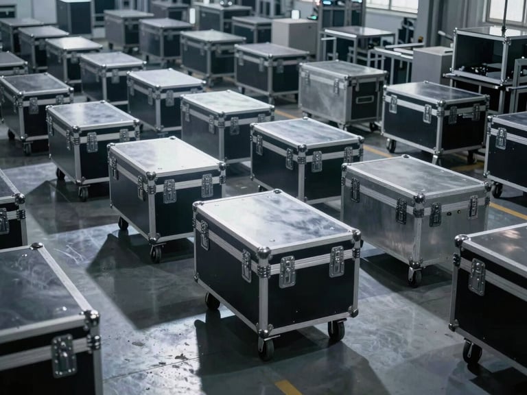 Wide shot of a modern manufacturing floor with custom cases in various stages of production, focused on assembly, cool metallic tones, dramatic shadows.