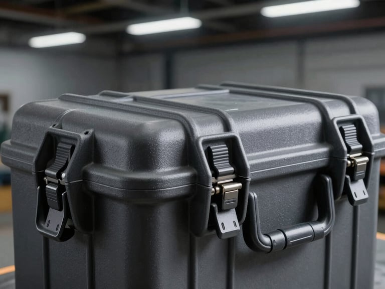 Rugged, dark gray protective case with heavy-duty latches and seals, showing texture of high-impact copolymer, under dramatic industrial lighting.