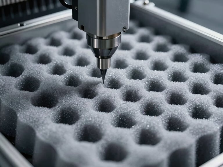 Close-up of a CNC machine precisely cutting dense foam for a custom equipment case, industrial lighting, sharp focus, cool metallic tones.