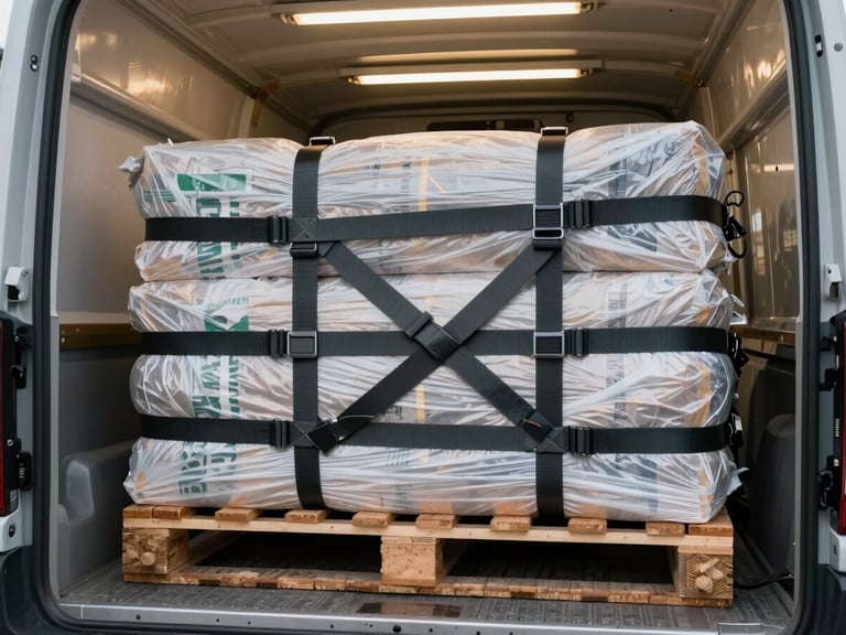 Close-up of freight tie-down straps securing a palletized load inside a dry van trailer, fluorescent warehouse light, load organized in tight rows, metal floor visible in foreground, no people