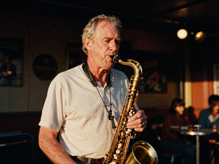 Candid portrait of an older man with a saxophone in a warm, dimly lit local jazz club, soft golden-hour stage lighting, authentic 35mm film grain.