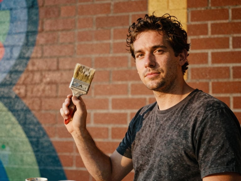 Candid medium portrait of a male mural painter holding a brush, warm sunlight, brick wall background with colorful paint splatters, 35mm film texture.