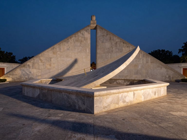 Wide-angle architectural geometry of the stone astronomical instruments of Jantar Mantar under deep twilight, casting sharp shadows on the ground.