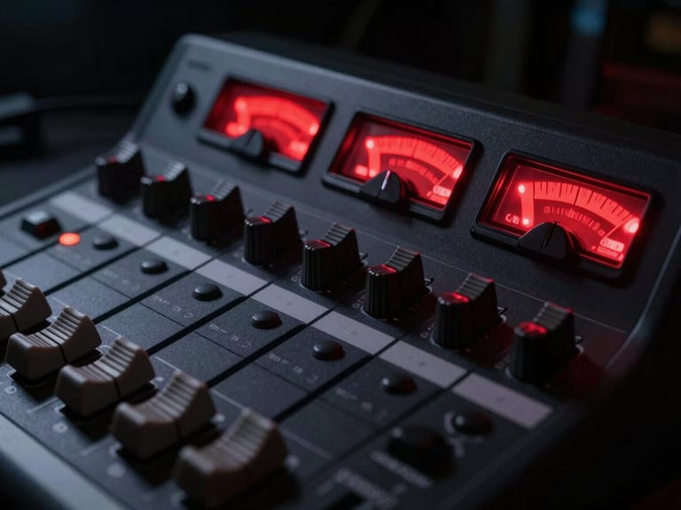 Tight macro shot of a physical mixing console in a dark studio, glowing red peak meters, high contrast shadows, 50mm lens