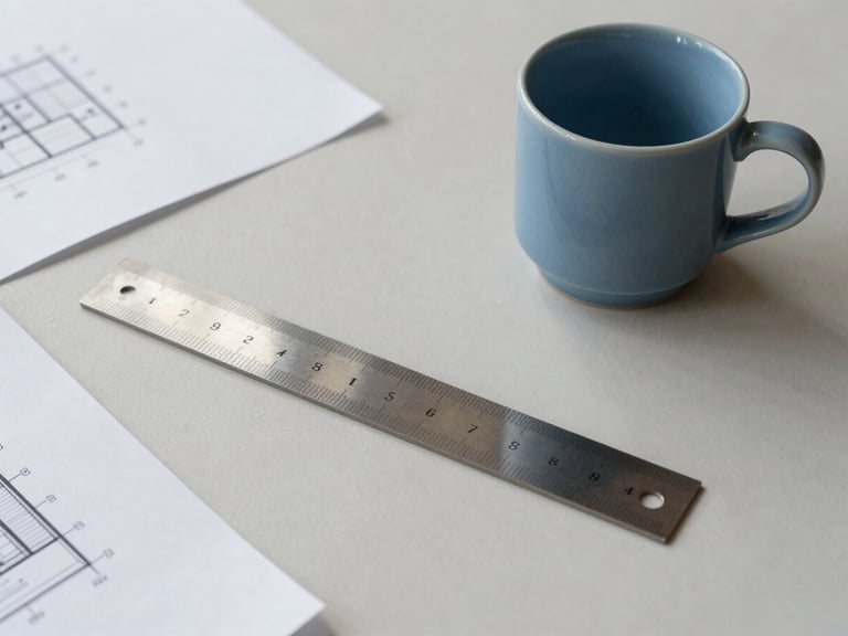 Clean workspace environment with a single metal ruler, architectural drawings, and a soft blue ceramic cup on a pale warm gray table, 35mm.