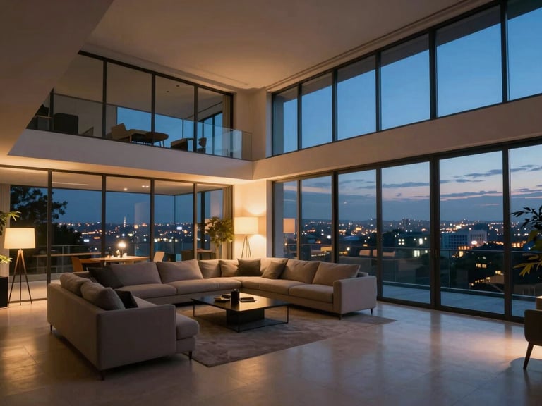 Modern open-plan living room at dusk, floor-to-ceiling windows showing city lights beyond, interior lamps casting warm pools against a cool blue exterior sky, wide architectural framing from a low tripod position, no people
