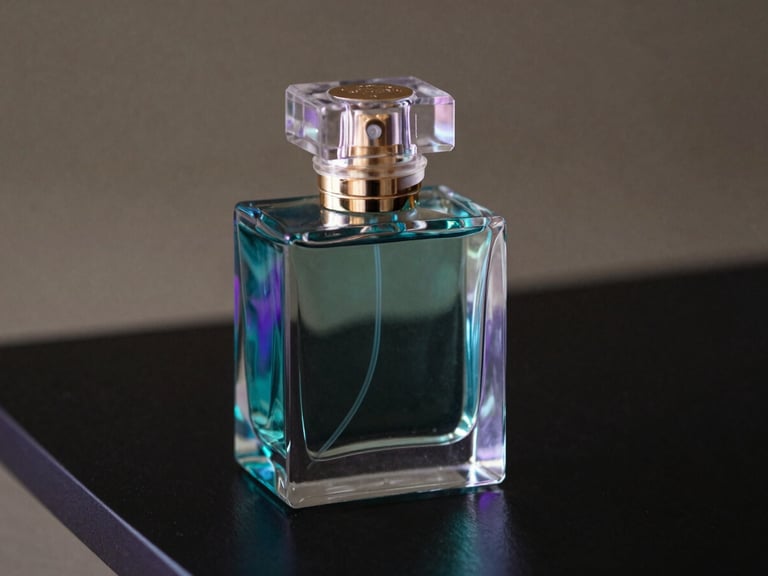 Luxury fragrance bottle centered on a black lacquer surface under a tight studio key light, electric teal and violet reflections in the glass, shot from a low three-quarter angle as it would appear in a print advertisement