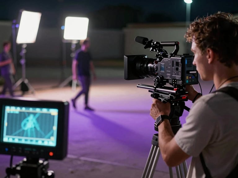 Film set at night, a camera operator framing a dramatic scene with practical set lighting casting long purple shadows, a director's monitor glowing teal in the foreground, deep cinematic depth of field