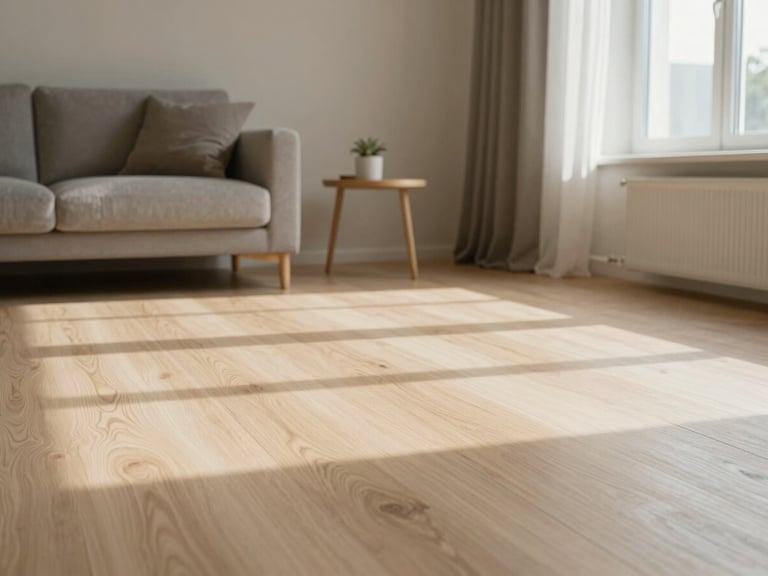 Heller, moderner Wohnraum in Niedersachsen mit frisch verlegtem, hellem Parkettboden, minimalistische Einrichtung, weiches Tageslicht.