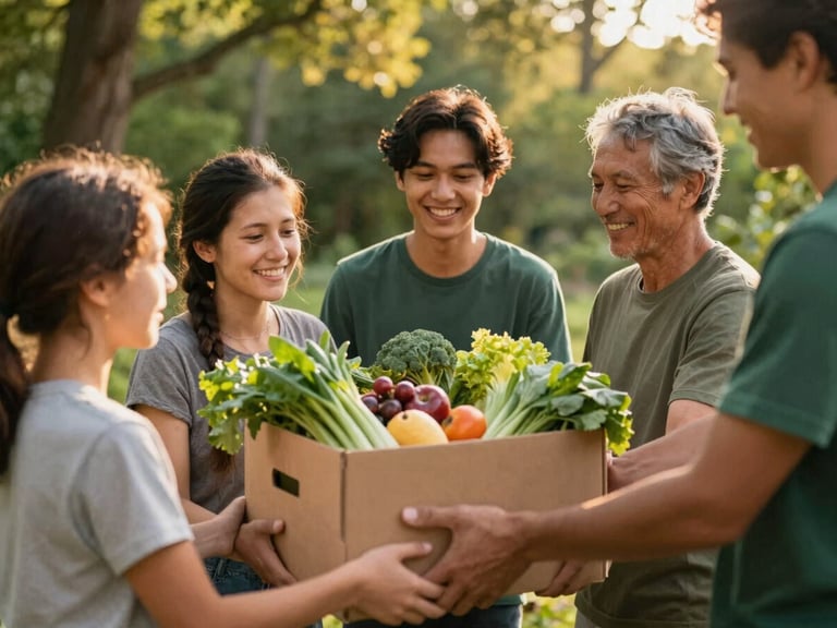 Volunteers handing a box of fresh produce to a grateful family, warm natural light, candid, eye-level shot, focus on hands and faces, authentic emotional expressions.