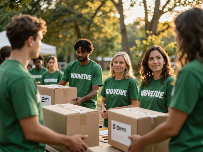Volunteers distributing food boxes to families in a community, warm documentary photography, natural golden-hour sunlight, authentic emotional expressions, rich forest green and gold tones, 35mm lens