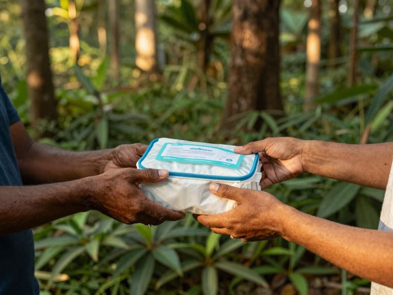 Volunteer handing a hygiene kit to an adult, warm documentary photography, natural golden-hour sunlight, close-up on hands, focus on compassionate exchange, rich forest green and gold tones, 35mm lens