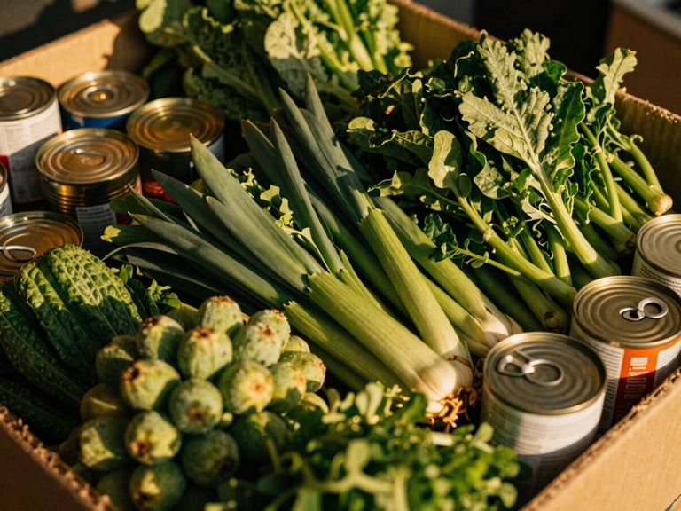 Close-up of fresh produce and canned goods in a food box, warm documentary photography, natural golden-hour sunlight, focus on abundance, rich forest green and gold tones, 35mm lens