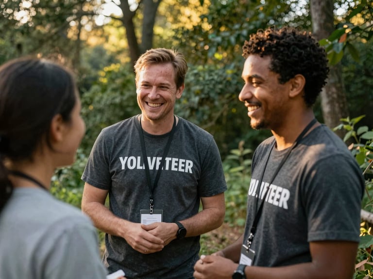 A volunteer engaging with a community member, both smiling, in a natural outdoor setting, warm natural light, candid, eye-level shot, authentic emotional expressions.