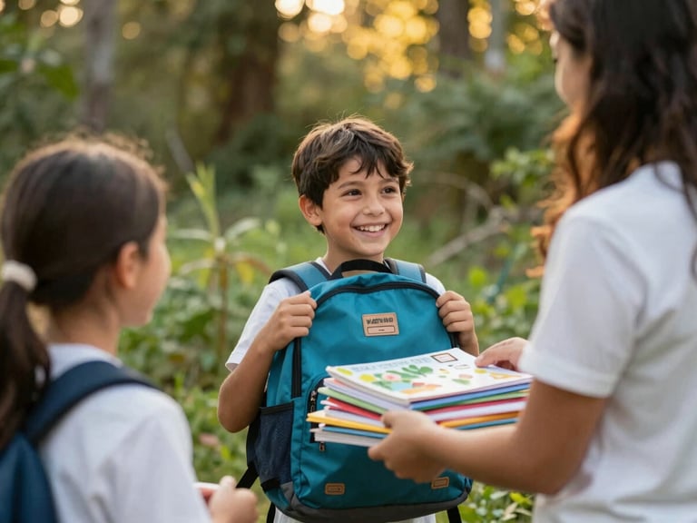 A child smiling brightly as they receive a new backpack and school supplies from a volunteer, warm natural light, candid, eye-level shot, focus on genuine emotional expression.