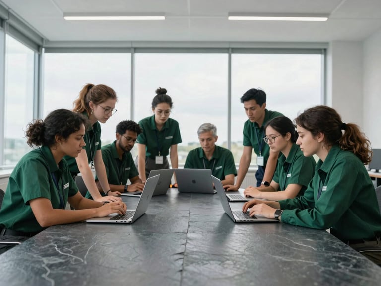 Diverse professional team collaborating in a modern office environment, hands-on field research, natural overcast daylight, cool slate and deep emerald tones, wide-angle lens, realistic