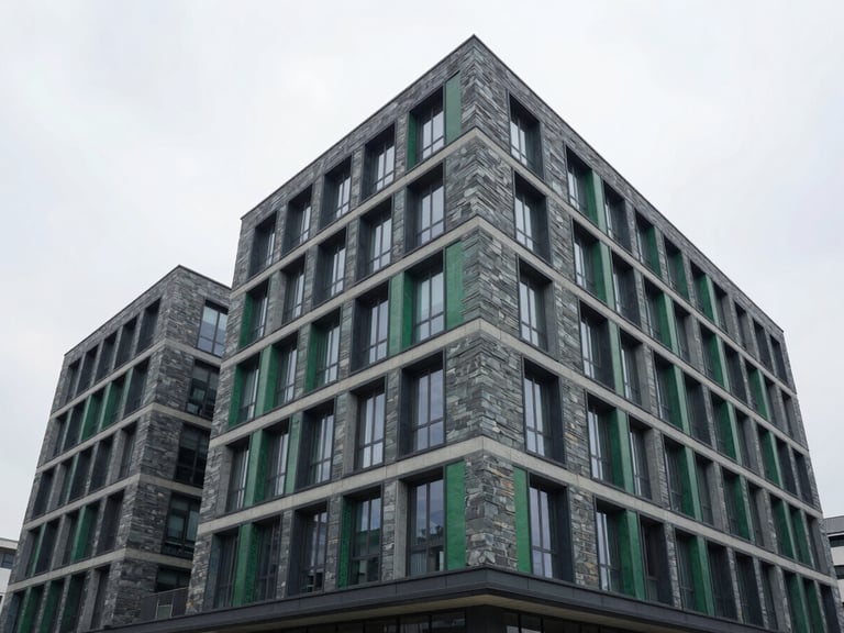 Clean, modern architectural building with integrated green technology, natural overcast daylight, cool slate and deep emerald tones, wide-angle lens, realistic