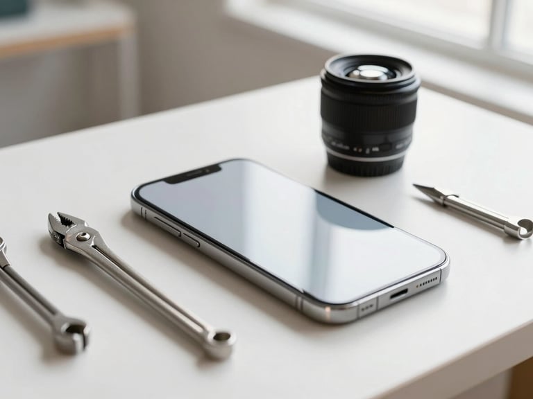 A minimalist technical workbench with specialized repair tools and a pristine iPhone screen showing clean reflections, bright natural window light, 50mm lens