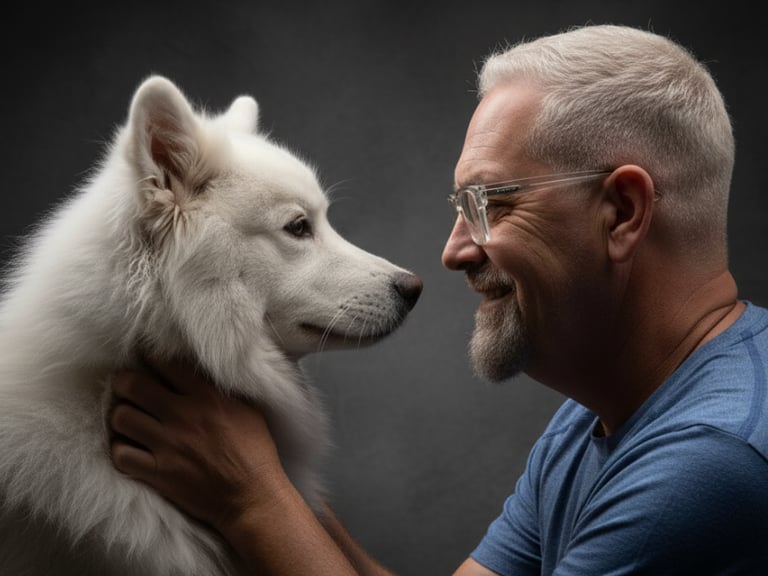 Ernest Belchi y un Samoyedo se miran fijamente