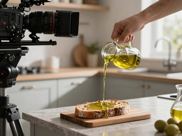 Behind-the-scenes shot of a professional camera rig capturing a pour of raw olive oil onto rustic bread in a sunlit modern kitchen, high contrast, soft side shadows.
