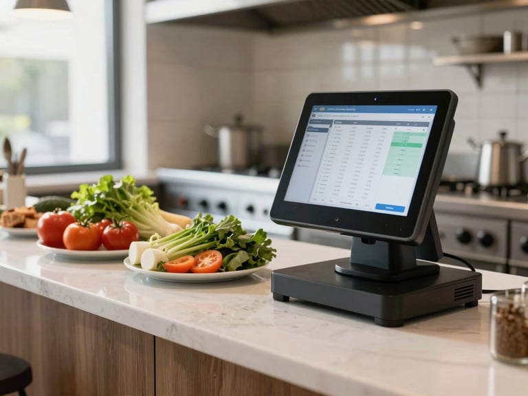 A clean, modern restaurant kitchen counter with fresh ingredients on one side and a sleek POS terminal showing sales graphs on the other, bright morning light.