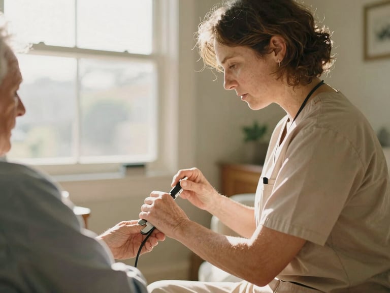 Professional caregiver in warm-toned scrubs gently checking a senior's vitals in a bright, clean living room, natural sunlight streaming through a window. Focus on their hands and respectful interaction.
