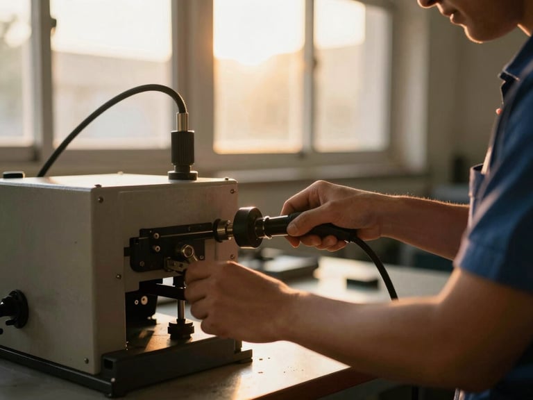 A close-up of hands-on vocational training, a student operating machinery in a modern workshop with warm window light filtering in