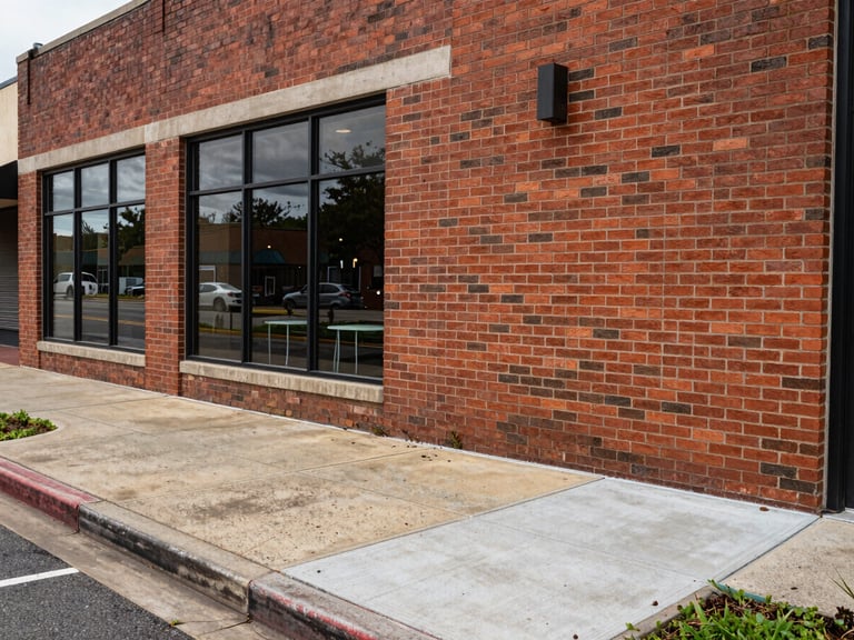Wide before-and-after of a Georgia commercial storefront — left half showing grimy concrete sidewalk and stained brick facade, right half clean bright brick and pale concrete, overcast daylight, street-level camera angle