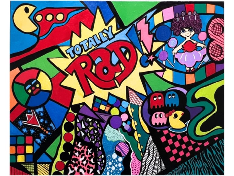 Vibrant Abstract Painting Includes popular games of the 80s | Trivia Painting by Frankie Cervantes | Art by Frankie