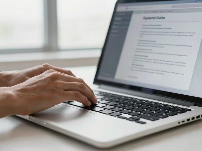 Close-up of hands typing on a laptop, a professional document interface visible on screen, natural window light, clean corporate tones, shallow depth of field, 50mm lens. Modern Equatorial Guinean professional.