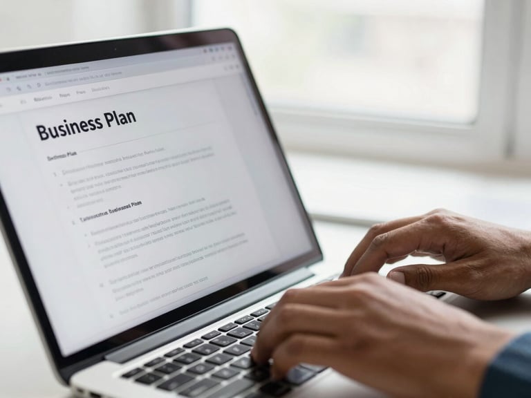 Close-up of a modern Equatorial Guinean professional's hands typing on a laptop, a clean document interface showing a business plan, bright natural window light, shallow depth of field.