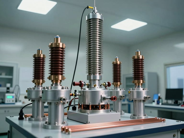 A clean, high-voltage testing laboratory with a massive silver impulse voltage generator tower, electrical bushings, and copper grounding strips under bright overhead lights.