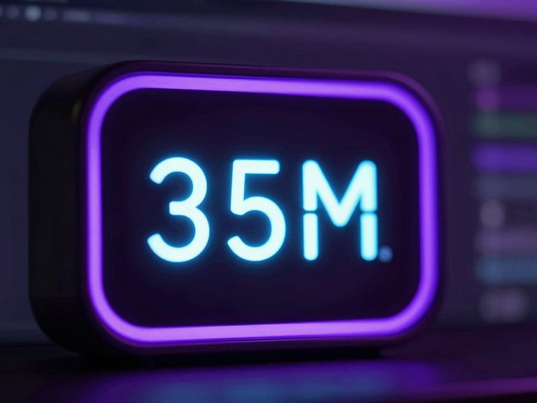 Sleek dark-mode technology photography, macro shot of a glowing digital timer on an editing monitor, dramatic purple neon rim lighting, high contrast, 35mm