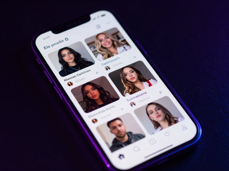 Sleek dark-mode technology photography, smartphone screen displaying social media video feeds with neon rim lighting, high contrast, 35mm