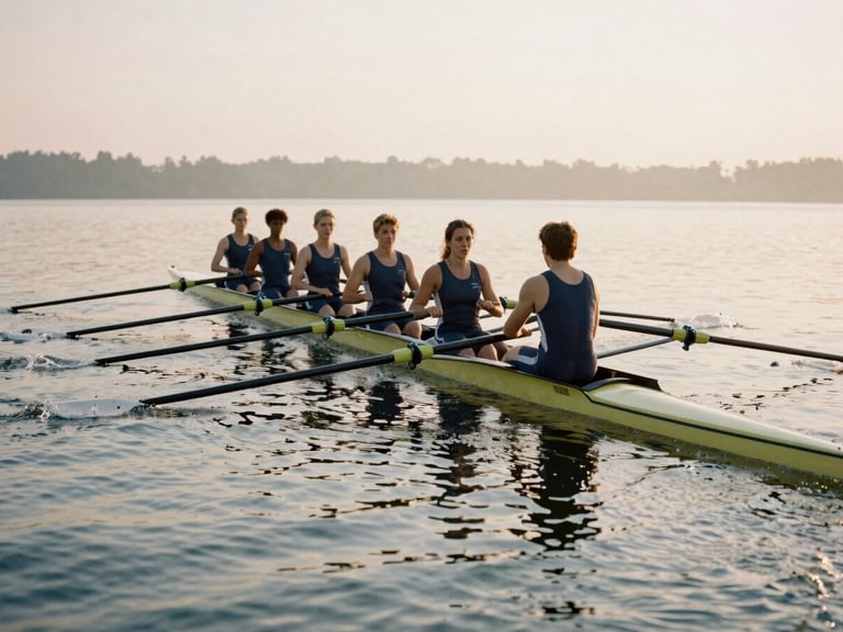 Rowing crew on calm morning water, synchronized oars dipping in unison, soft golden morning light, 35mm film style