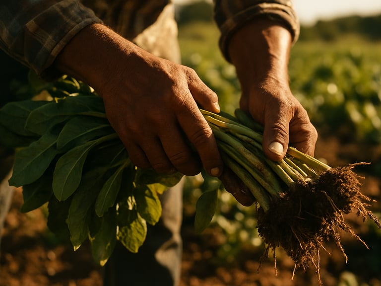Close-up of agricultural worker's hands harvesting crops in a sunny field in Morelos, high-contrast natural light, warm tones.