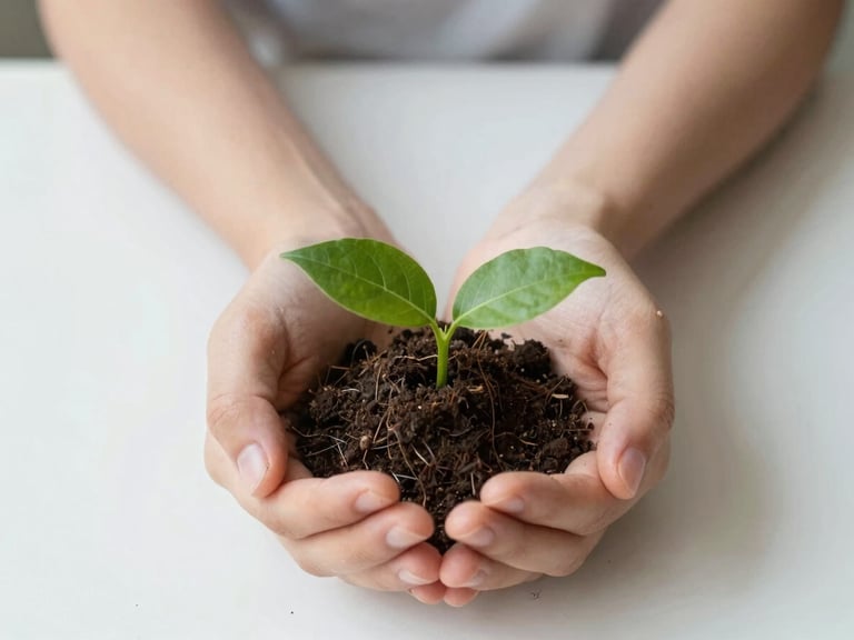 Close-up of hands of a young adult holding a green leaf growing out of rich dark soil, soft natural light, clean composition