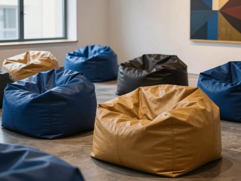 A high-end contemporary art gallery or production set, structured leather bean bags arranged neatly, dramatic side-lighting, editorial style