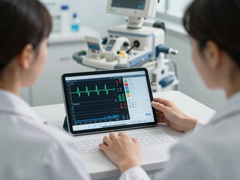 Tight environmental shot of a modern clinical workspace, a tablet showing secure cardiac graphs and medical database telemetry, bright balanced daylight